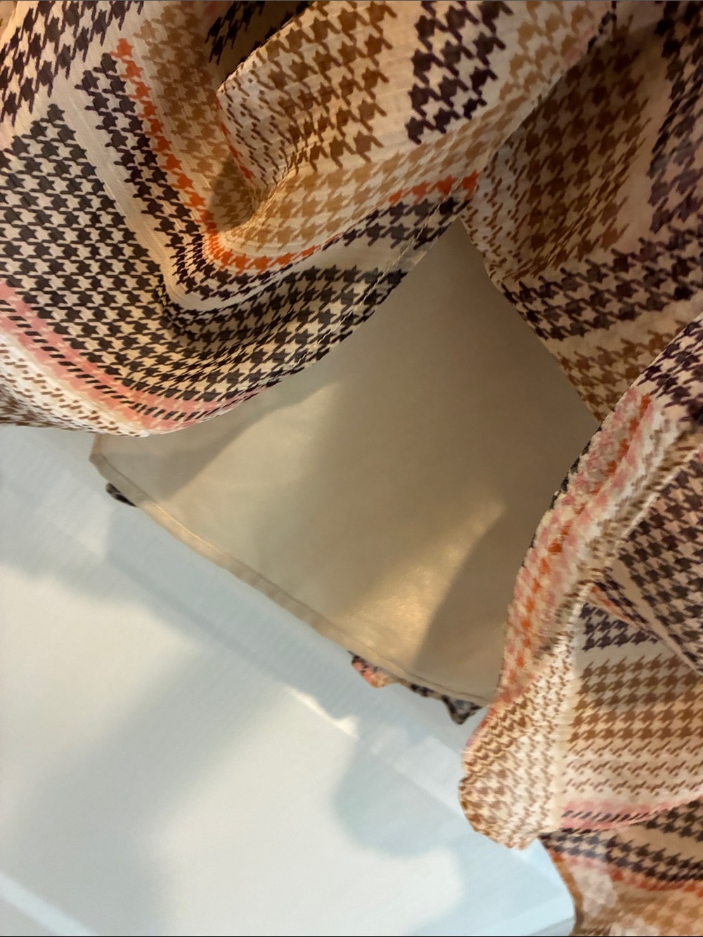 LOFT Beige Plaid Long Sleeve Tie-Neck Dress with Pink & Black Stripes - Picture 4 of 5